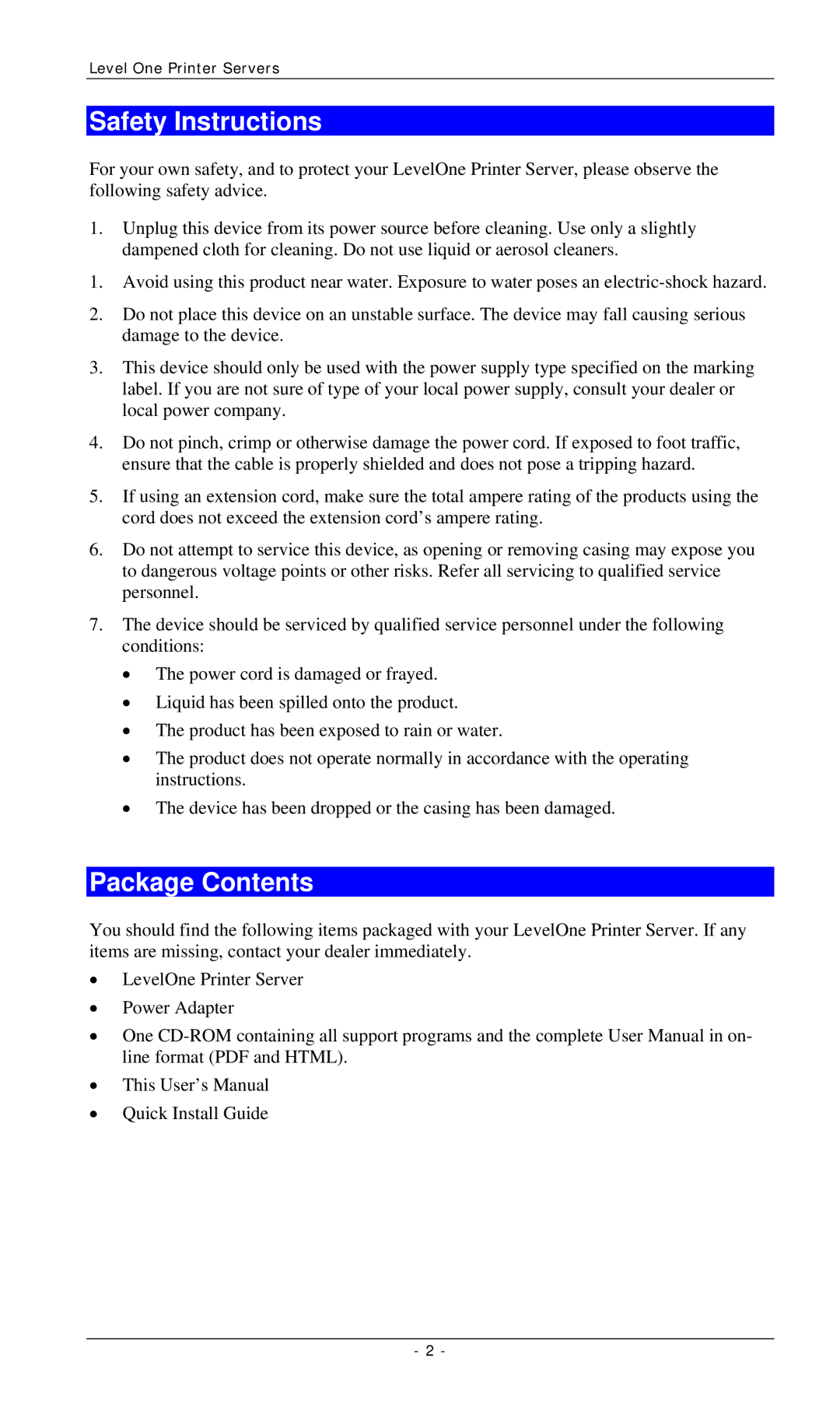 LevelOne FPS-3002USB, FPS-2112, FPS-3001TXU manual Safety Instructions, Package Contents 