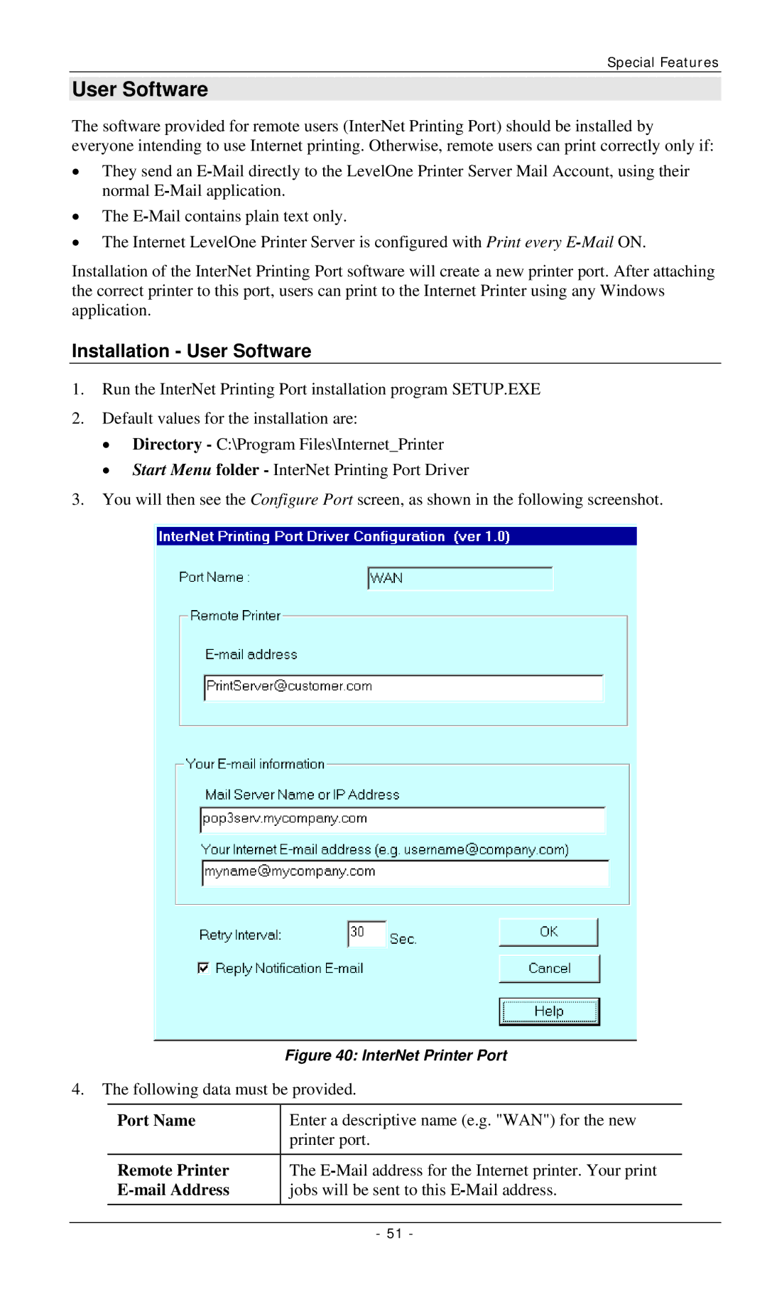 LevelOne FPS-2112, FPS-3001TXU, FPS-3002USB manual Installation User Software, Port Name, Remote Printer, Mail Address 