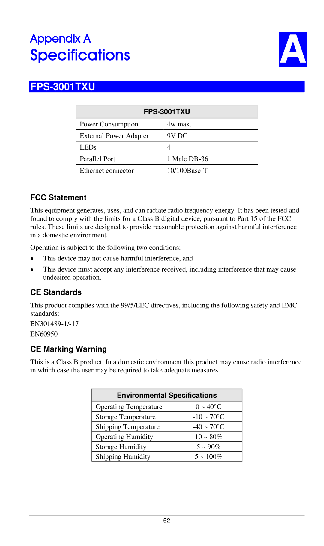 LevelOne FPS-3002USB, FPS-2112 manual FCC Statement, CE Standards, CE Marking Warning, Environmental Specifications 