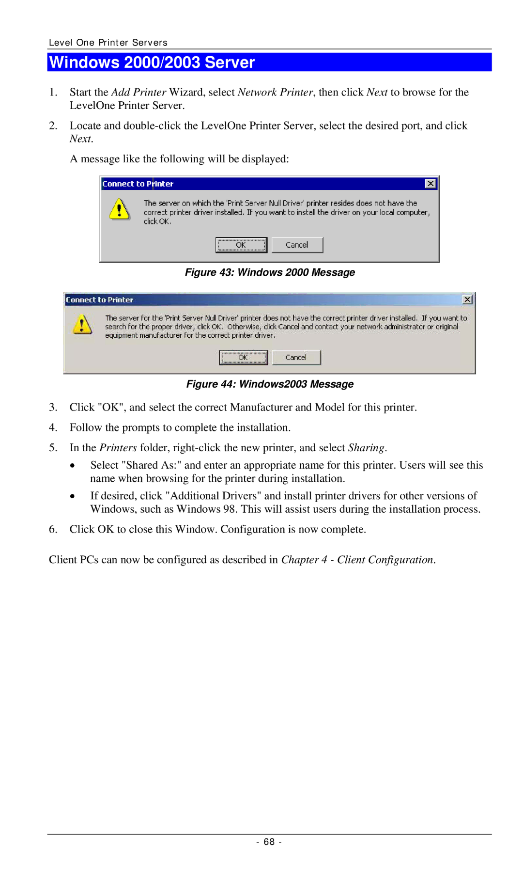 LevelOne FPS-3002USB, FPS-2112, FPS-3001TXU manual Windows 2000/2003 Server, Windows 2000 Message 