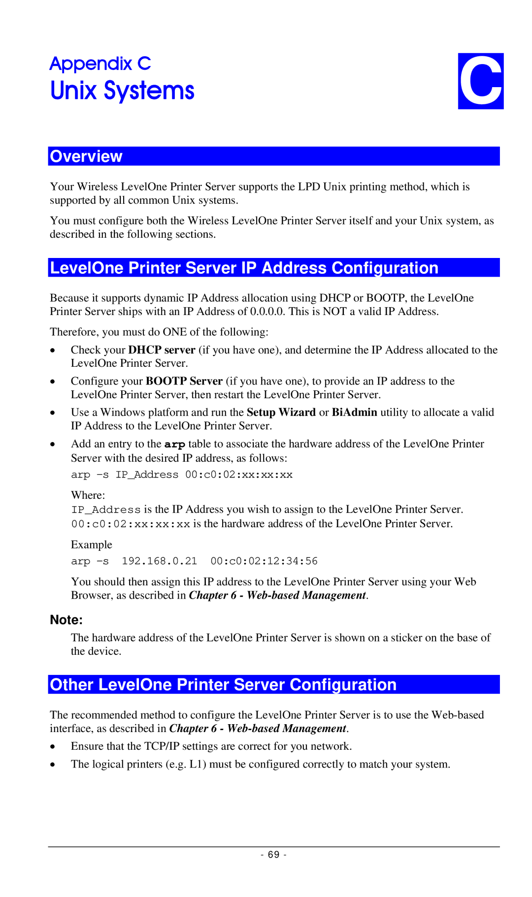 LevelOne FPS-2112, FPS-3001TXU, FPS-3002USB manual Unix Systems, LevelOne Printer Server IP Address Configuration 