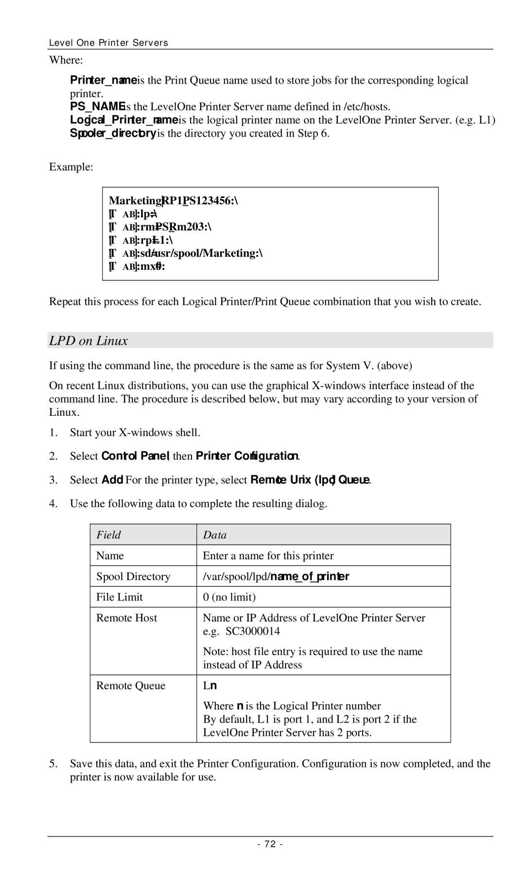 LevelOne FPS-2112, FPS-3001TXU, FPS-3002USB manual LPD on Linux, Field Data 