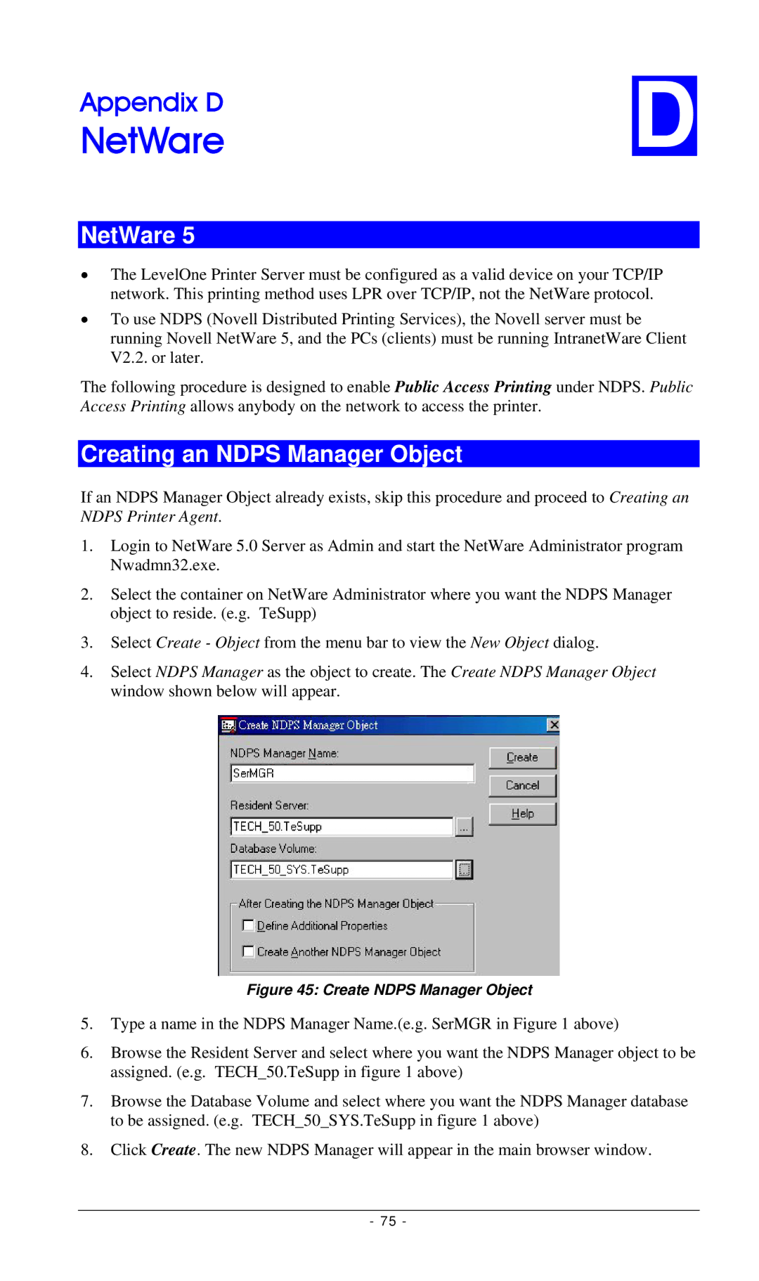 LevelOne FPS-2112, FPS-3001TXU, FPS-3002USB manual NetWare, Creating an Ndps Manager Object 