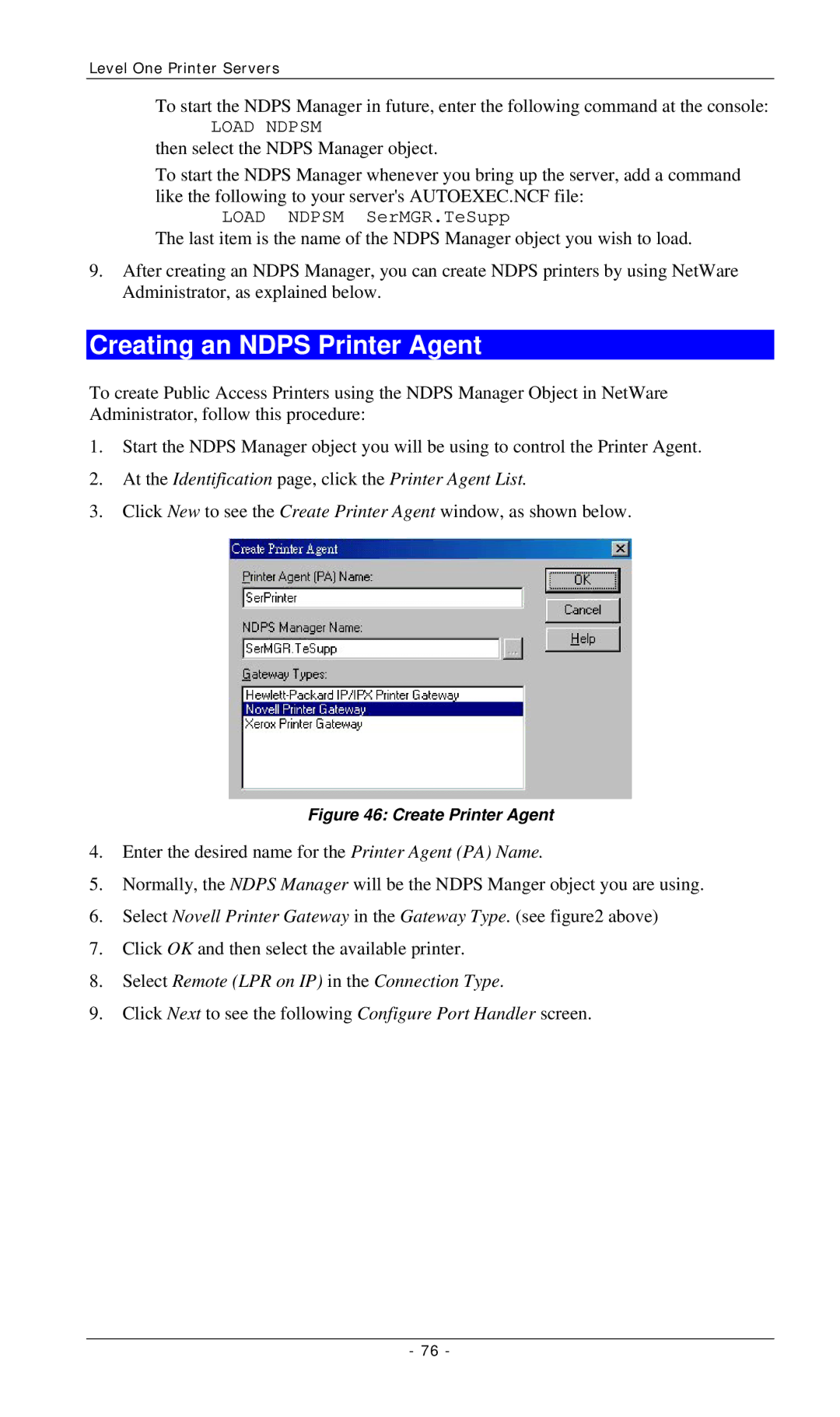 LevelOne FPS-3001TXU, FPS-2112 Creating an Ndps Printer Agent, At the Identification page, click the Printer Agent List 