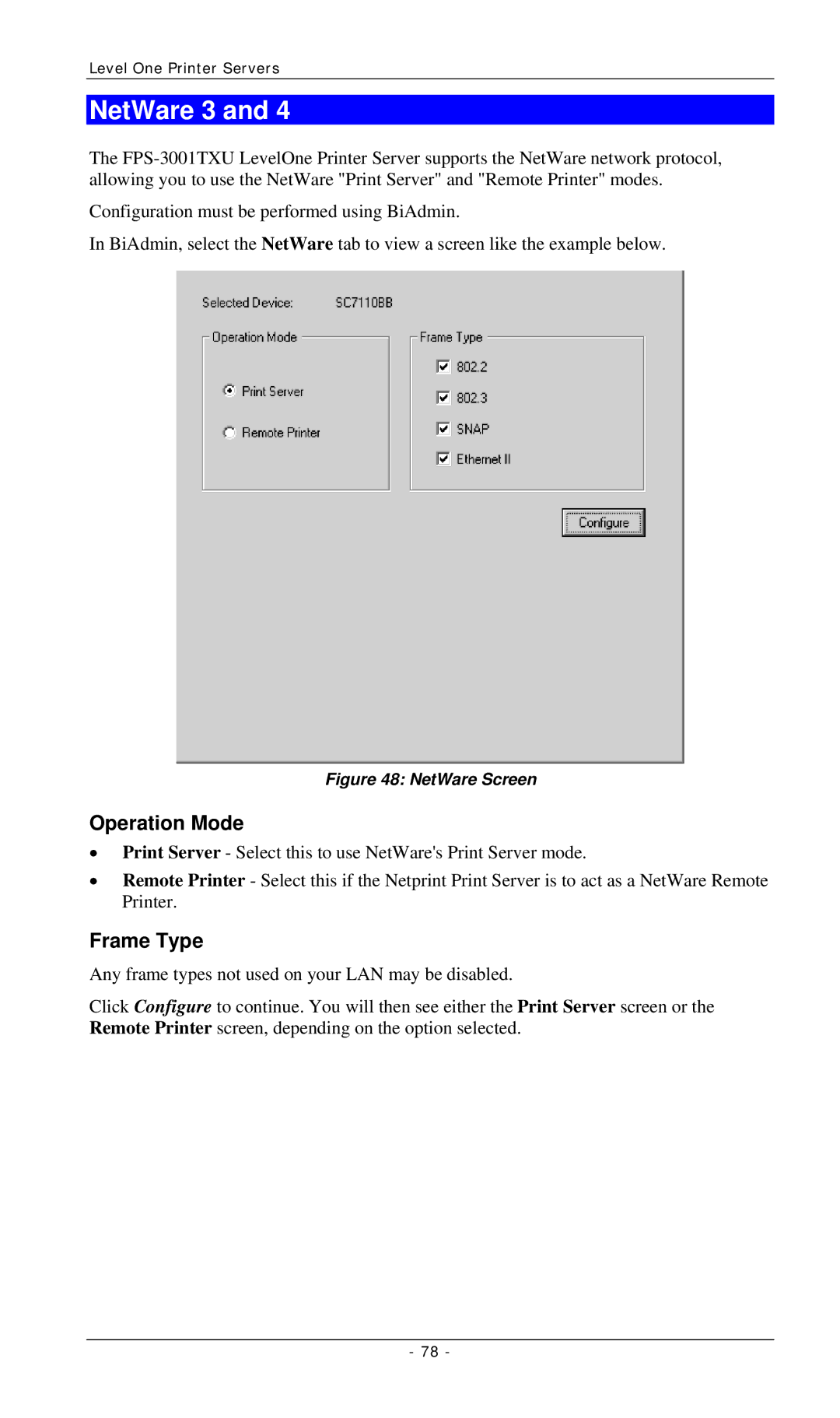 LevelOne FPS-2112, FPS-3001TXU, FPS-3002USB manual NetWare 3, Operation Mode, Frame Type 