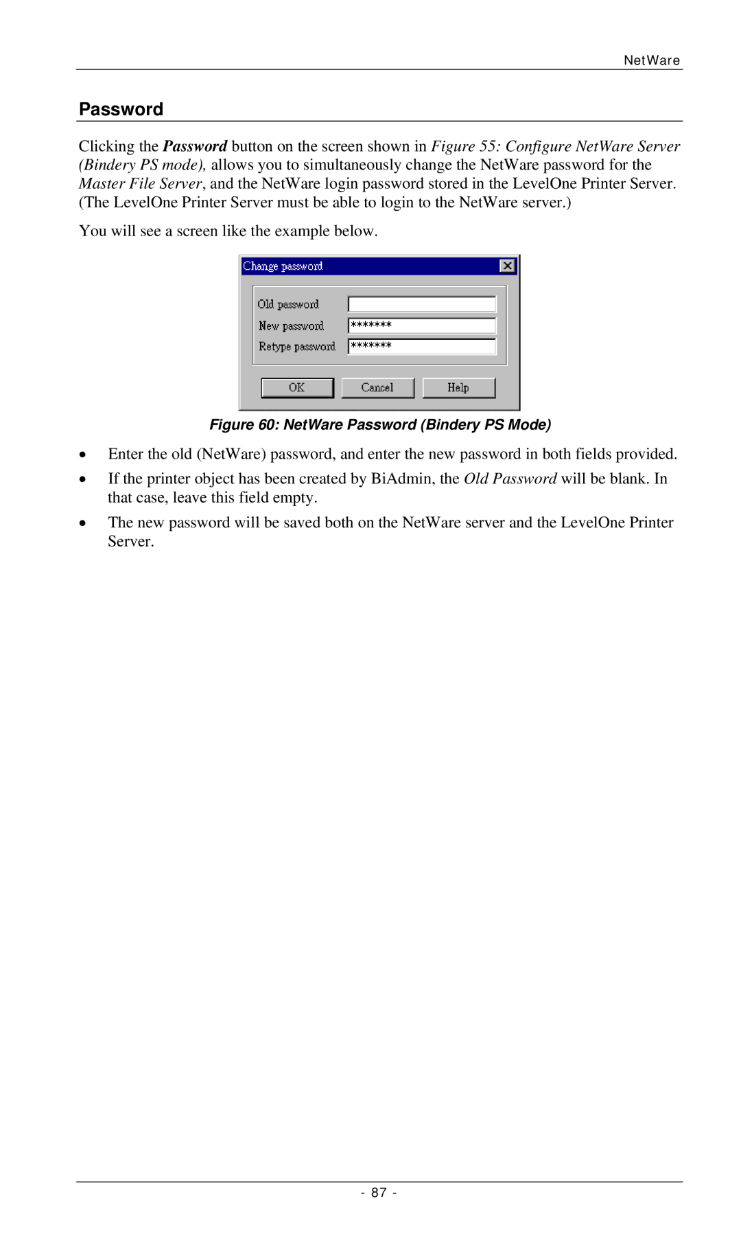 LevelOne FPS-2112, FPS-3001TXU, FPS-3002USB manual NetWare Password Bindery PS Mode 