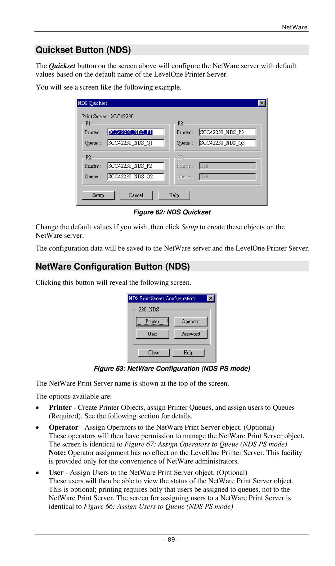 LevelOne FPS-3002USB, FPS-2112, FPS-3001TXU manual Quickset Button NDS, NetWare Configuration Button NDS 