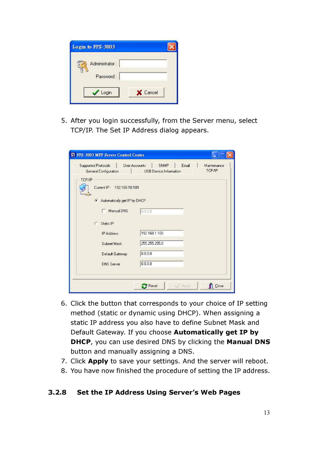 LevelOne FPS-3003 user manual Set the IP Address Using Server’s Web Pages 