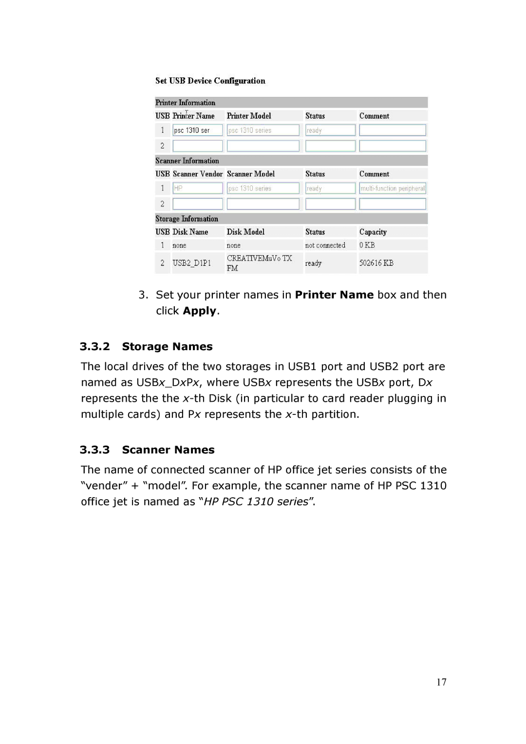 LevelOne FPS-3003 user manual Storage Names, Scanner Names 