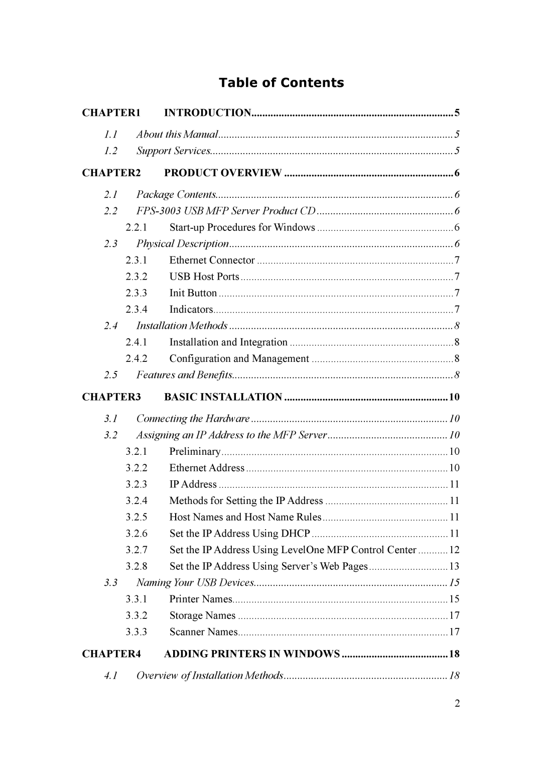 LevelOne FPS-3003 user manual Table of Contents 