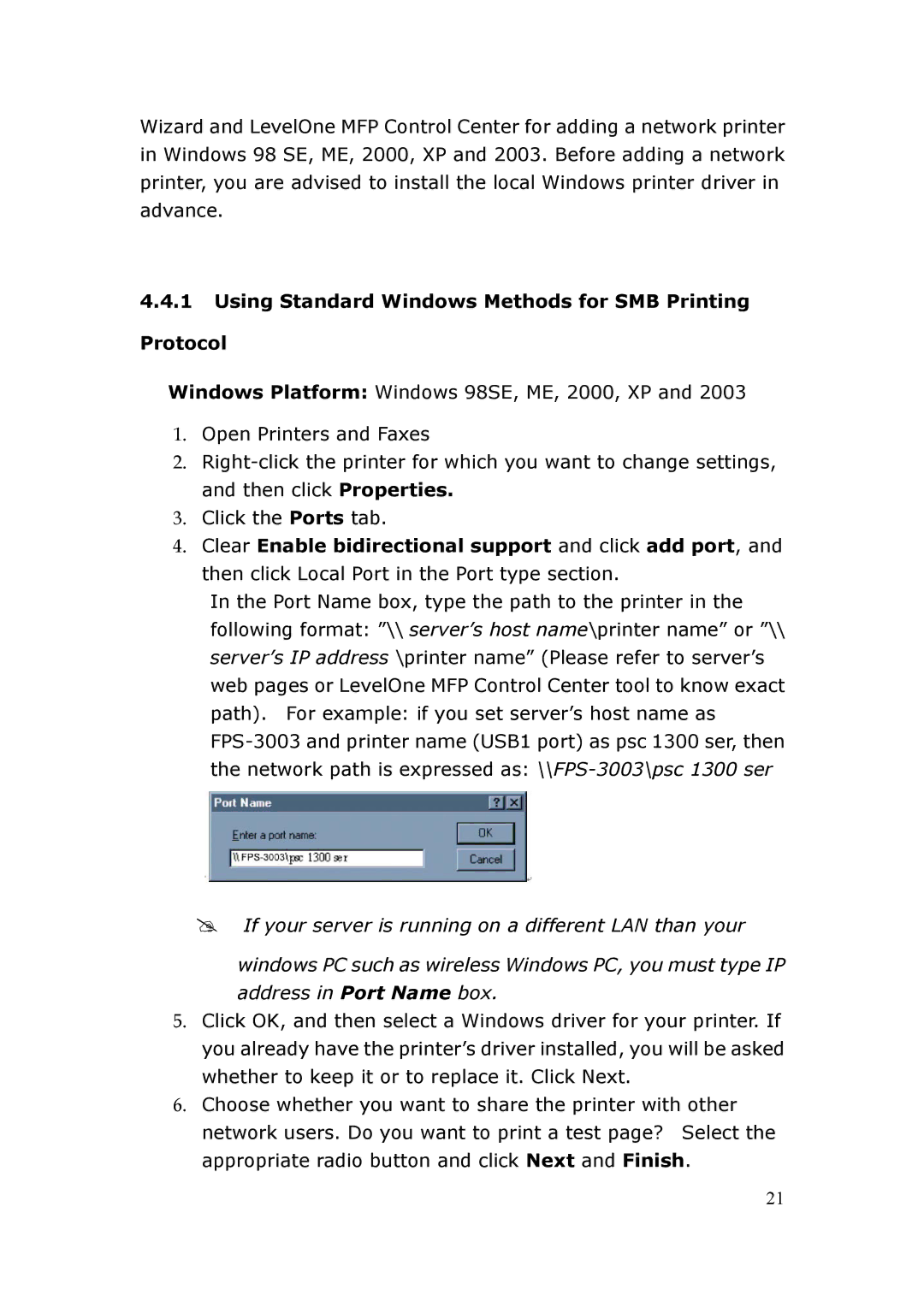 LevelOne FPS-3003 user manual Using Standard Windows Methods for SMB Printing Protocol 