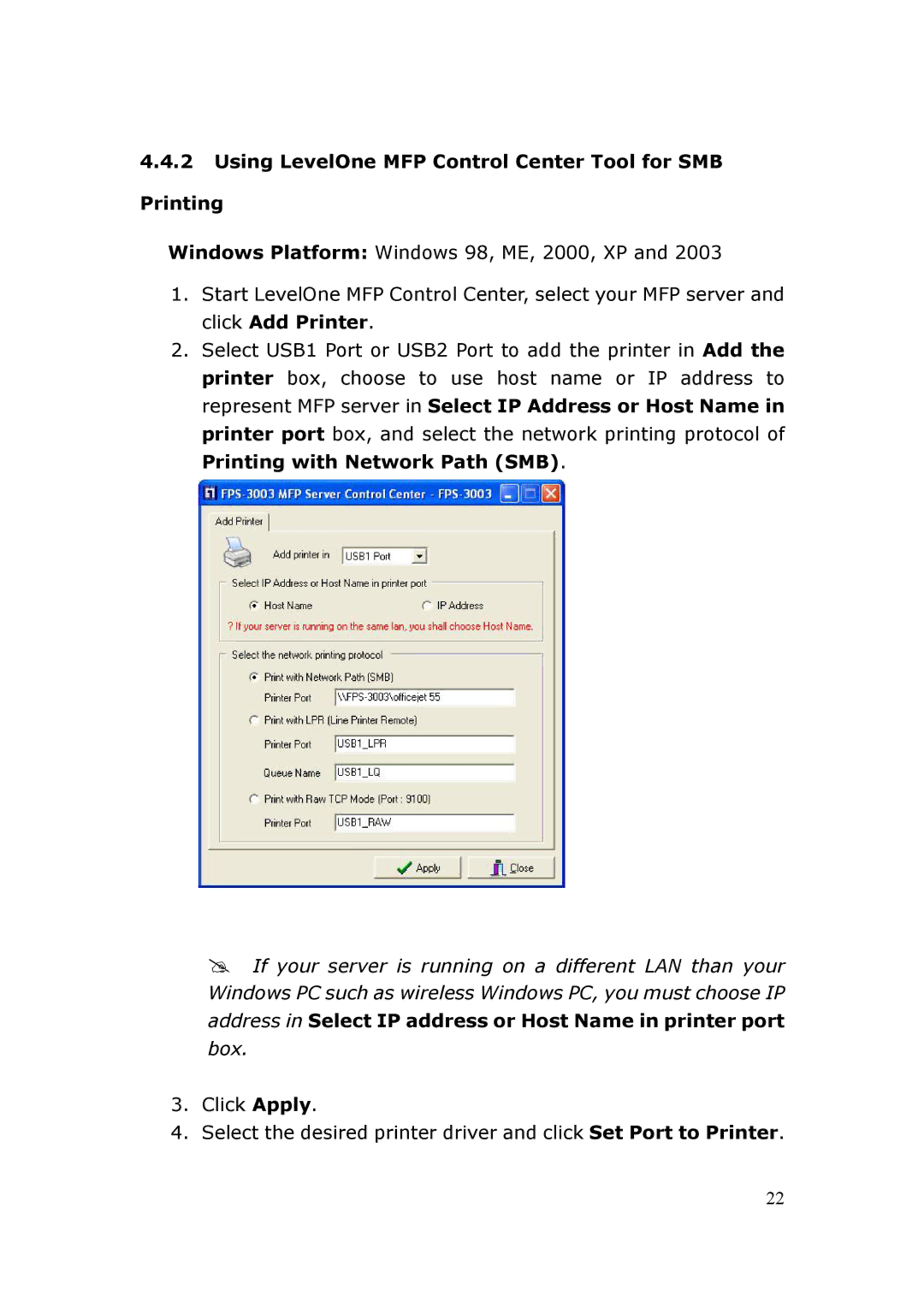 LevelOne FPS-3003 user manual Using LevelOne MFP Control Center Tool for SMB Printing 