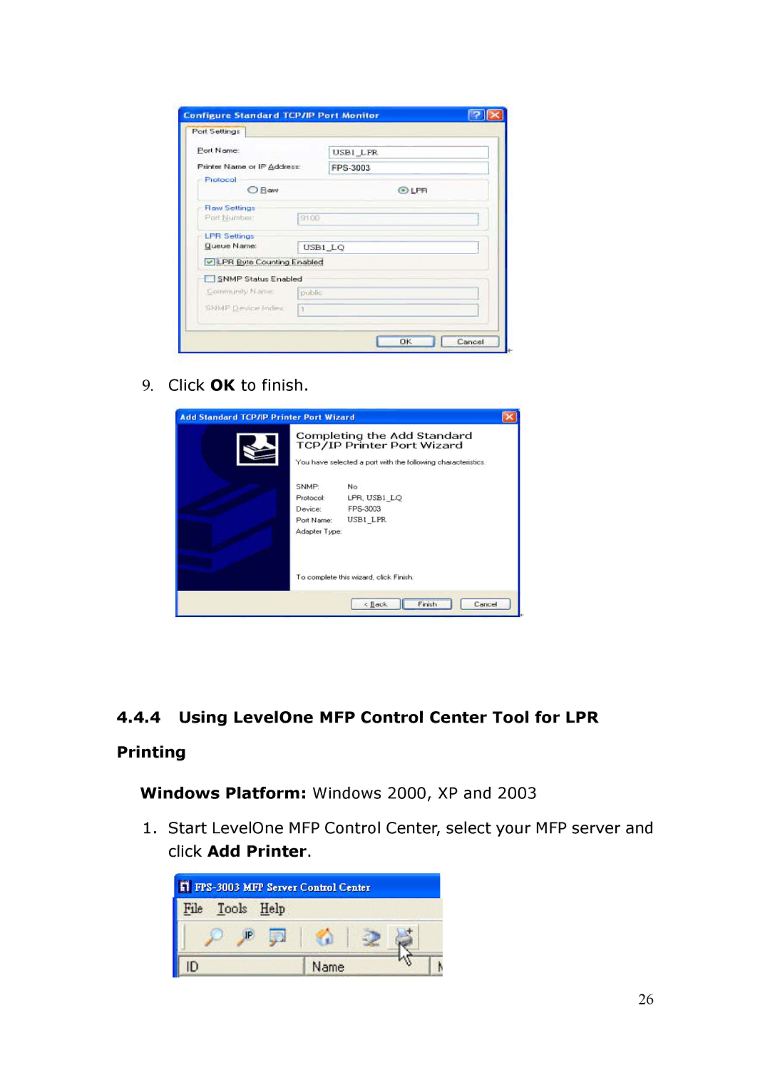 LevelOne FPS-3003 user manual Using LevelOne MFP Control Center Tool for LPR Printing 