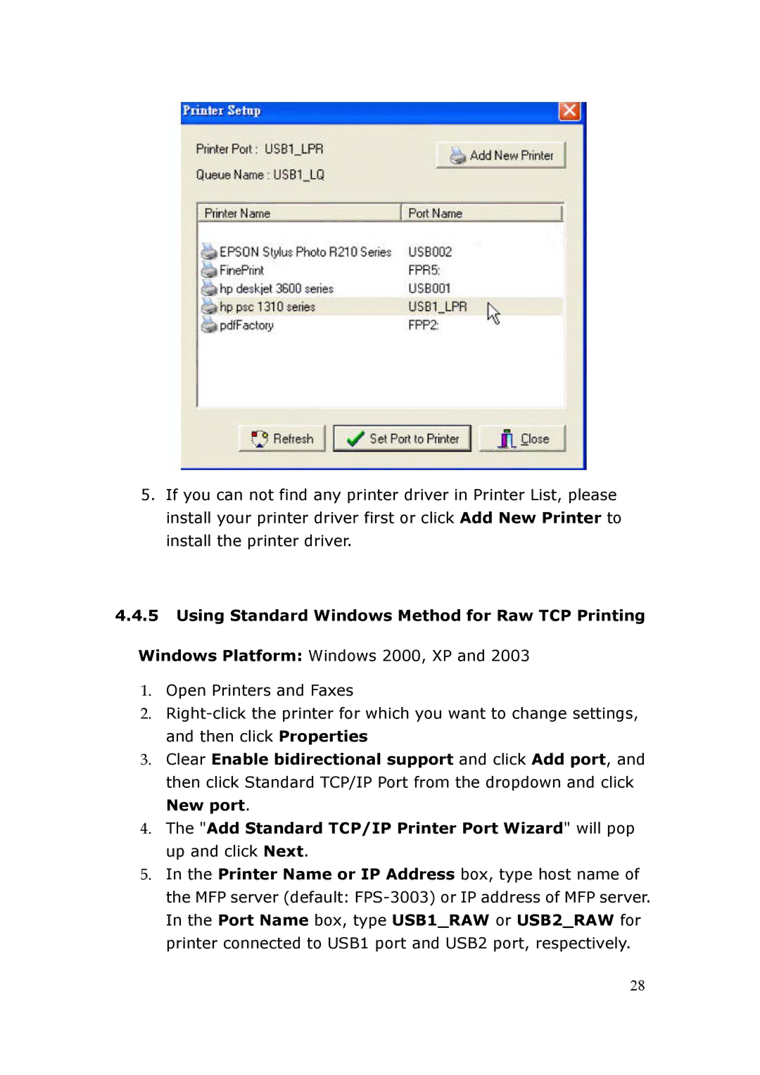 LevelOne FPS-3003 user manual Using Standard Windows Method for Raw TCP Printing 