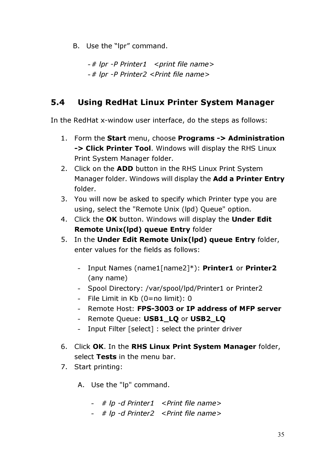 LevelOne user manual Using RedHat Linux Printer System Manager, Remote Host FPS-3003 or IP address of MFP server 