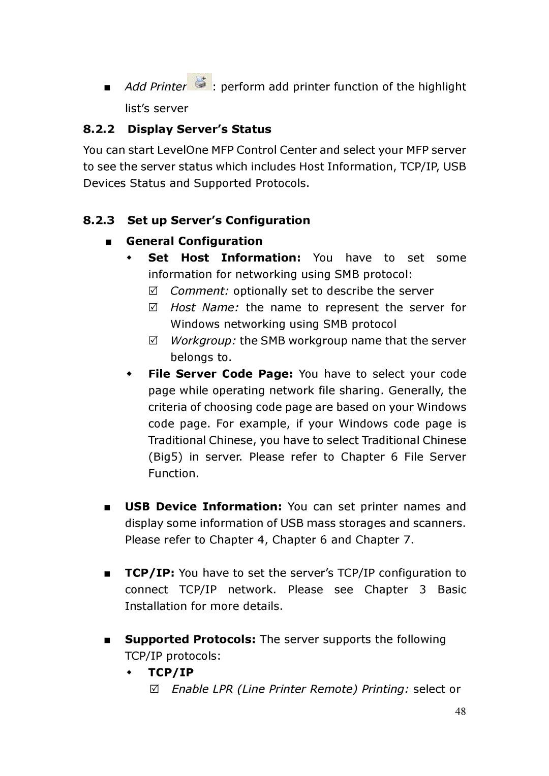 LevelOne FPS-3003 user manual Display Server’s Status, Tcp/Ip 