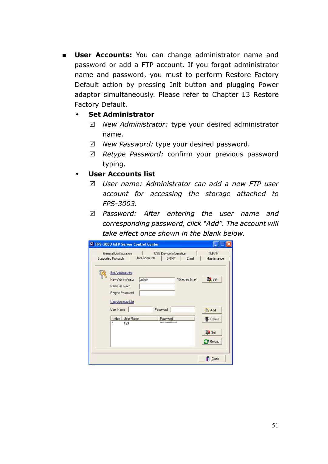 LevelOne FPS-3003 user manual Set Administrator, User Accounts list 