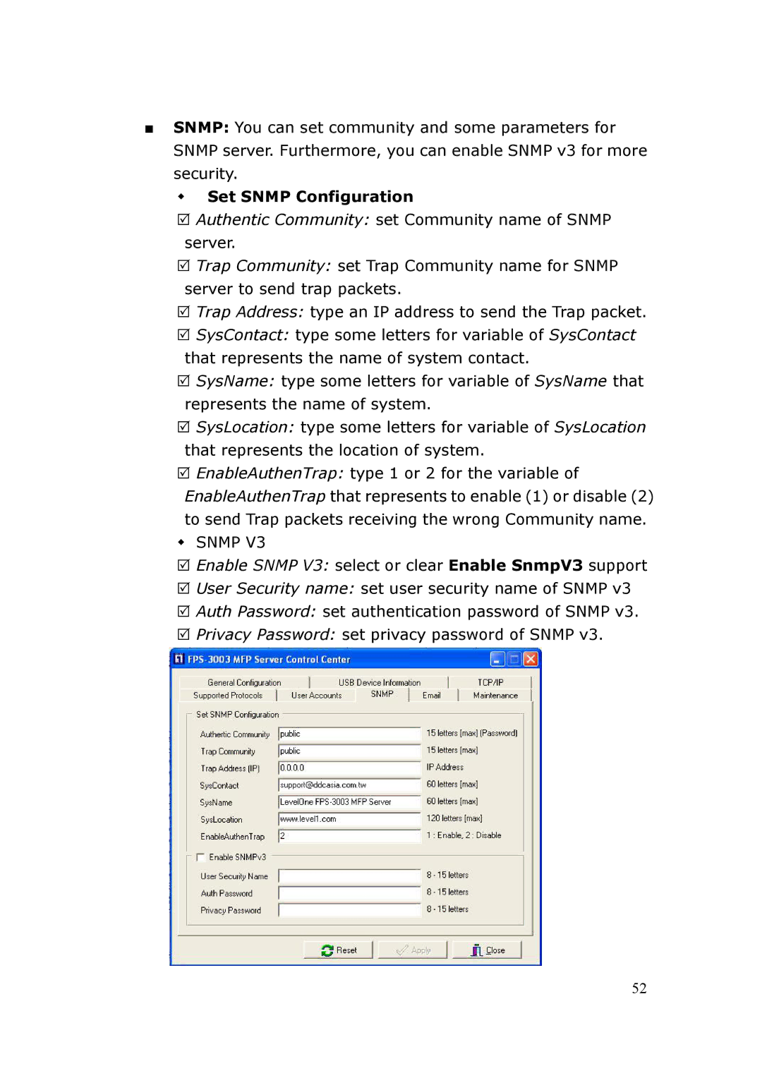 LevelOne FPS-3003 user manual Set Snmp Configuration 