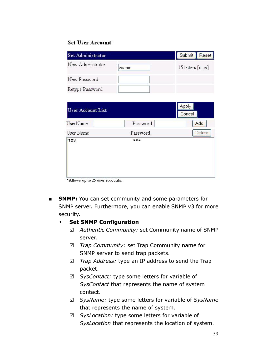 LevelOne FPS-3003 user manual Set Snmp Configuration 