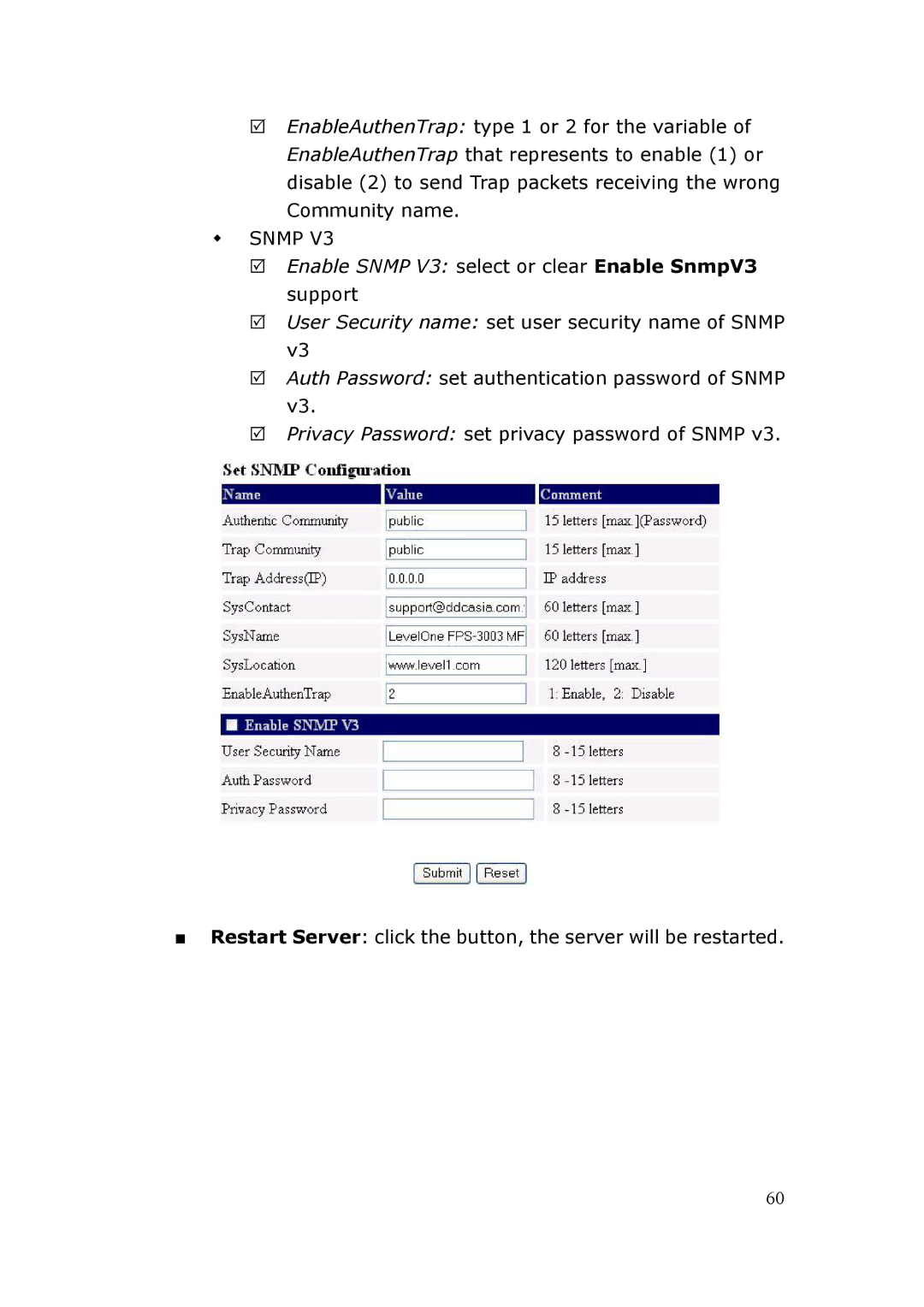 LevelOne FPS-3003 user manual Enable Snmp V3 select or clear Enable SnmpV3 support 