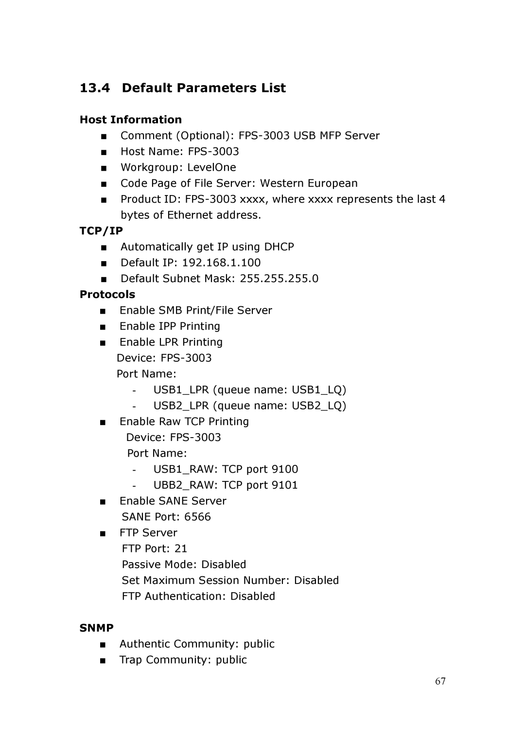 LevelOne FPS-3003 user manual Default Parameters List, Host Information, Protocols 