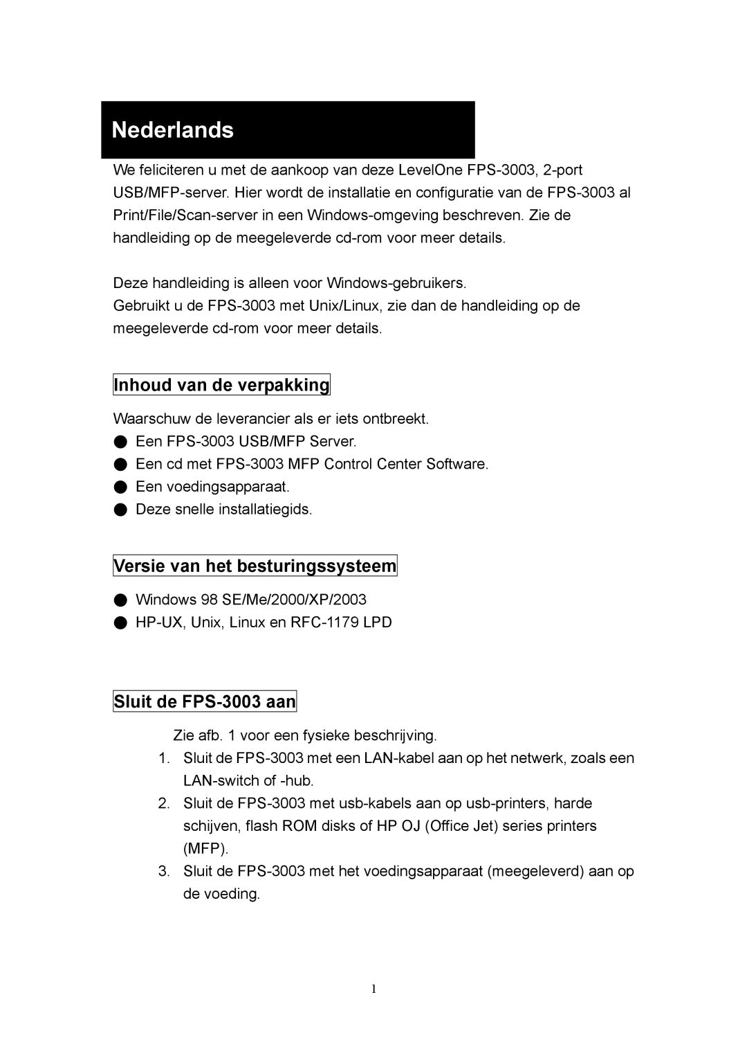 LevelOne manual Nederlands, Inhoud van de verpakking, Versie van het besturingssysteem, Sluit de FPS-3003 aan 