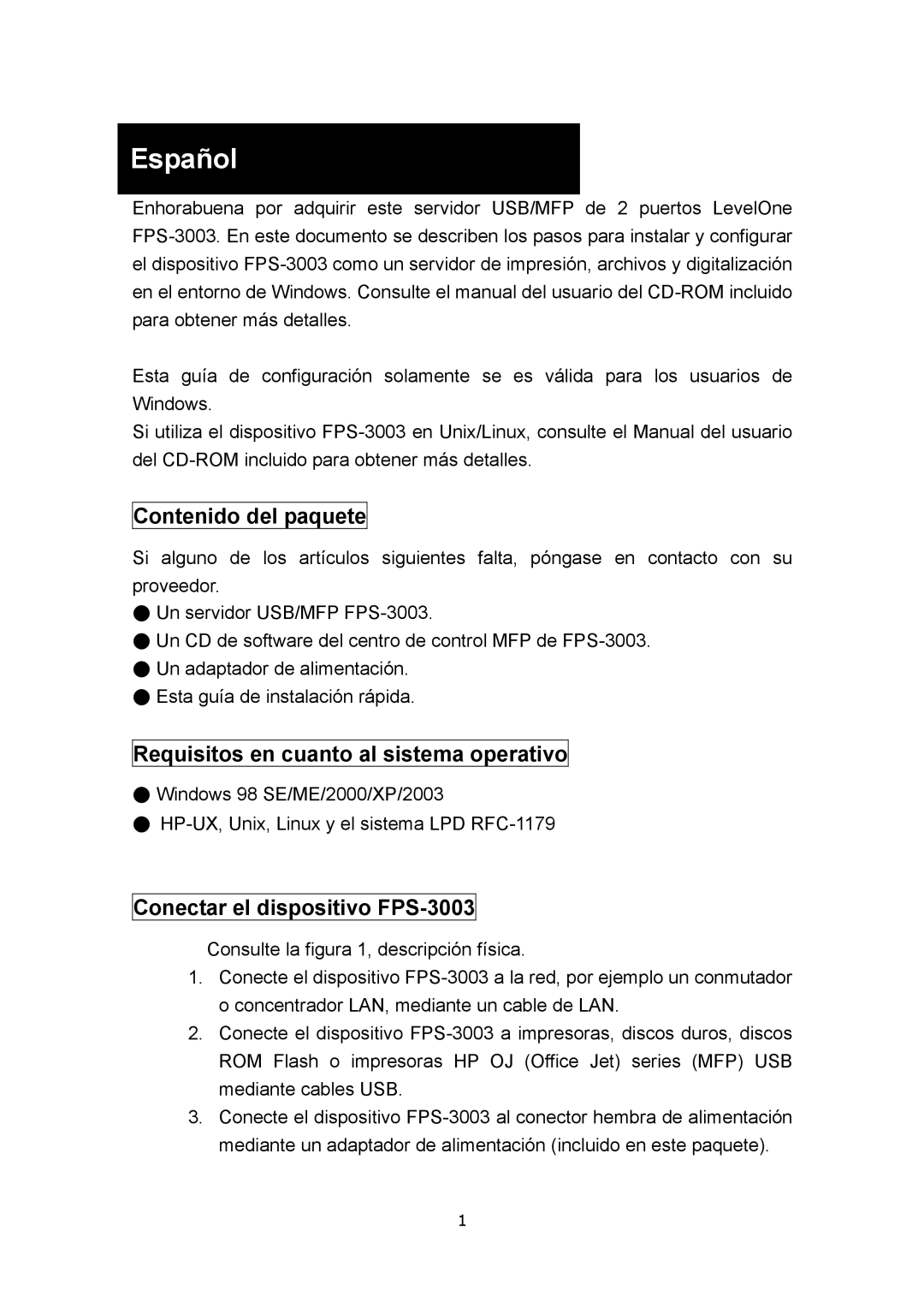 LevelOne FPS-3003 manual Español, Contenido del paquete, Requisitos en cuanto al sistema operativo 
