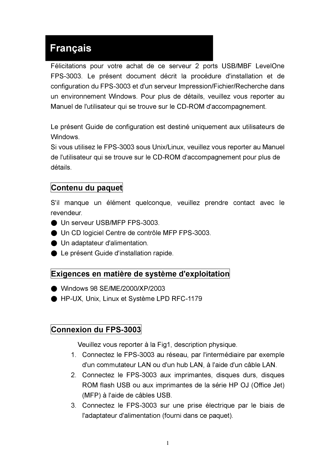 LevelOne manual Français, Contenu du paquet, Exigences en matière de système dexploitation, Connexion du FPS-3003 