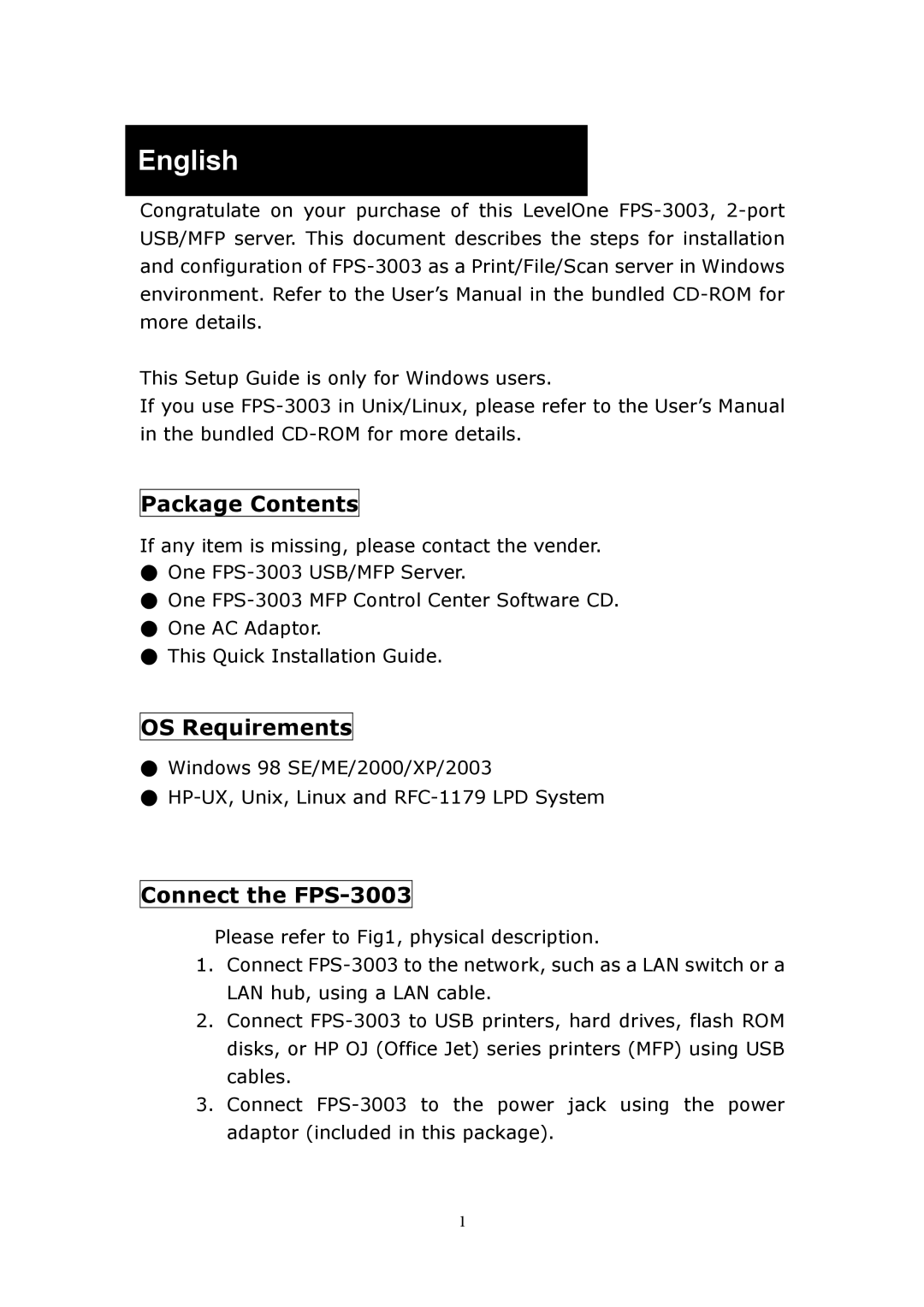 LevelOne FPS-3003 manual English, Package Contents 