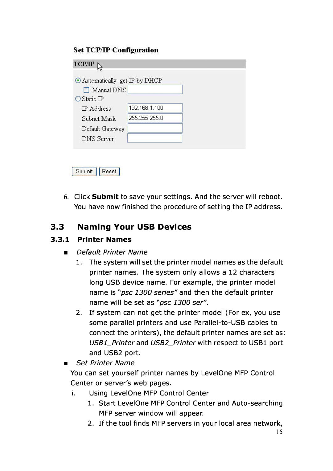 LevelOne FPS-3003 user manual Naming Your USB Devices, Printer Names, Default Printer Name, Set Printer Name 