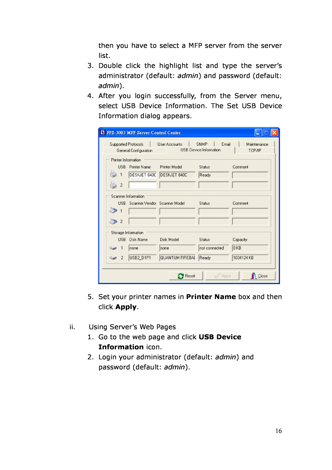LevelOne FPS-3003 user manual then you have to select a MFP server from the server list, ii. Using Server’s Web Pages 