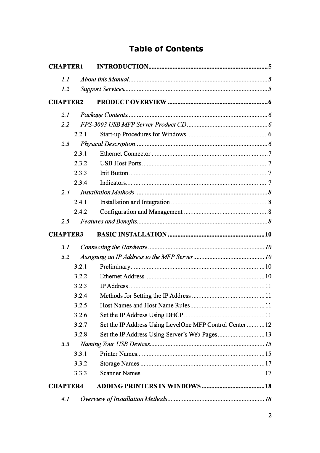 LevelOne FPS-3003 user manual Table of Contents, Basic Installation, Adding Printers In Windows 