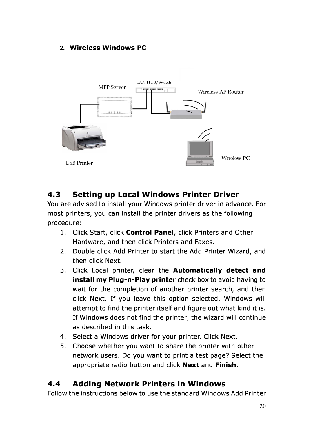 LevelOne FPS-3003 Setting up Local Windows Printer Driver, Adding Network Printers in Windows, Wireless Windows PC 
