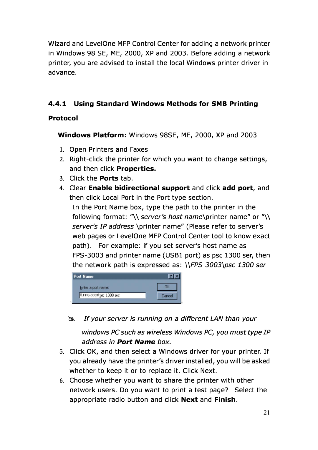 LevelOne FPS-3003 user manual Using Standard Windows Methods for SMB Printing Protocol 