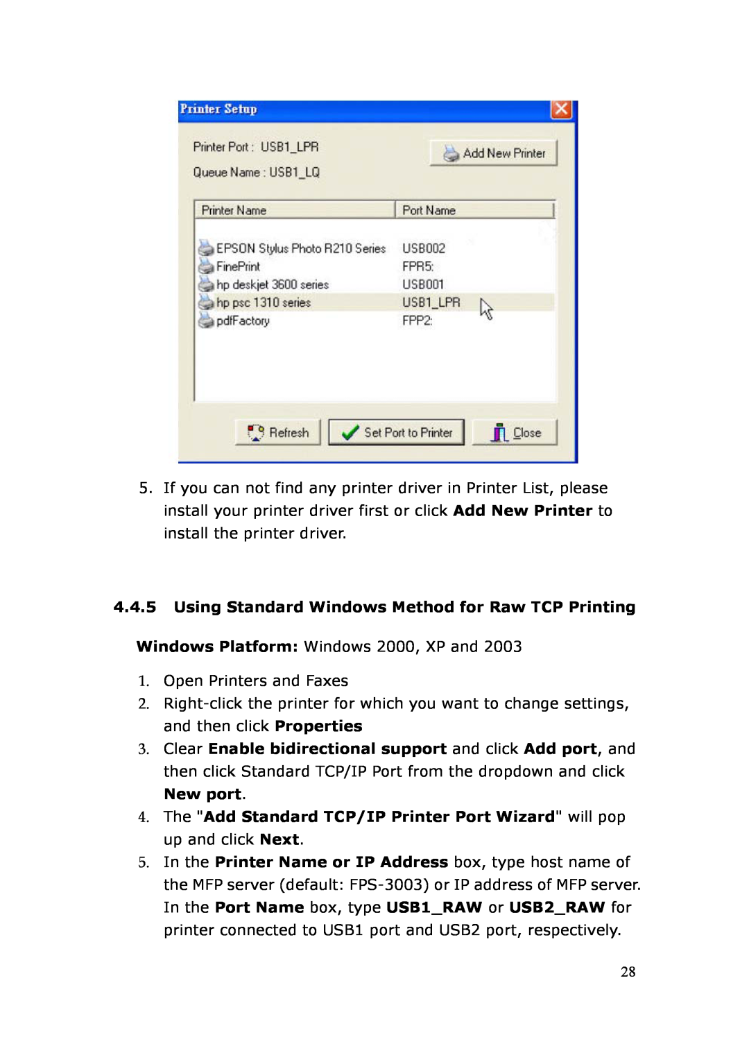 LevelOne FPS-3003 user manual Using Standard Windows Method for Raw TCP Printing 