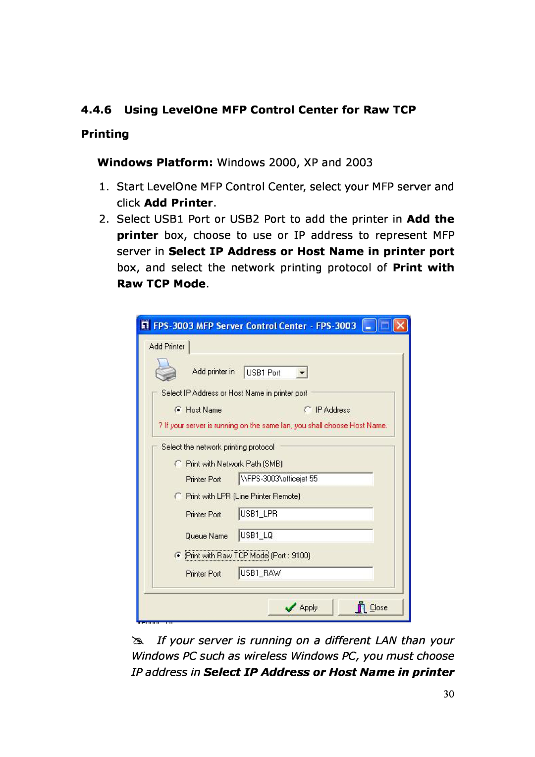 LevelOne FPS-3003 user manual Using LevelOne MFP Control Center for Raw TCP Printing 