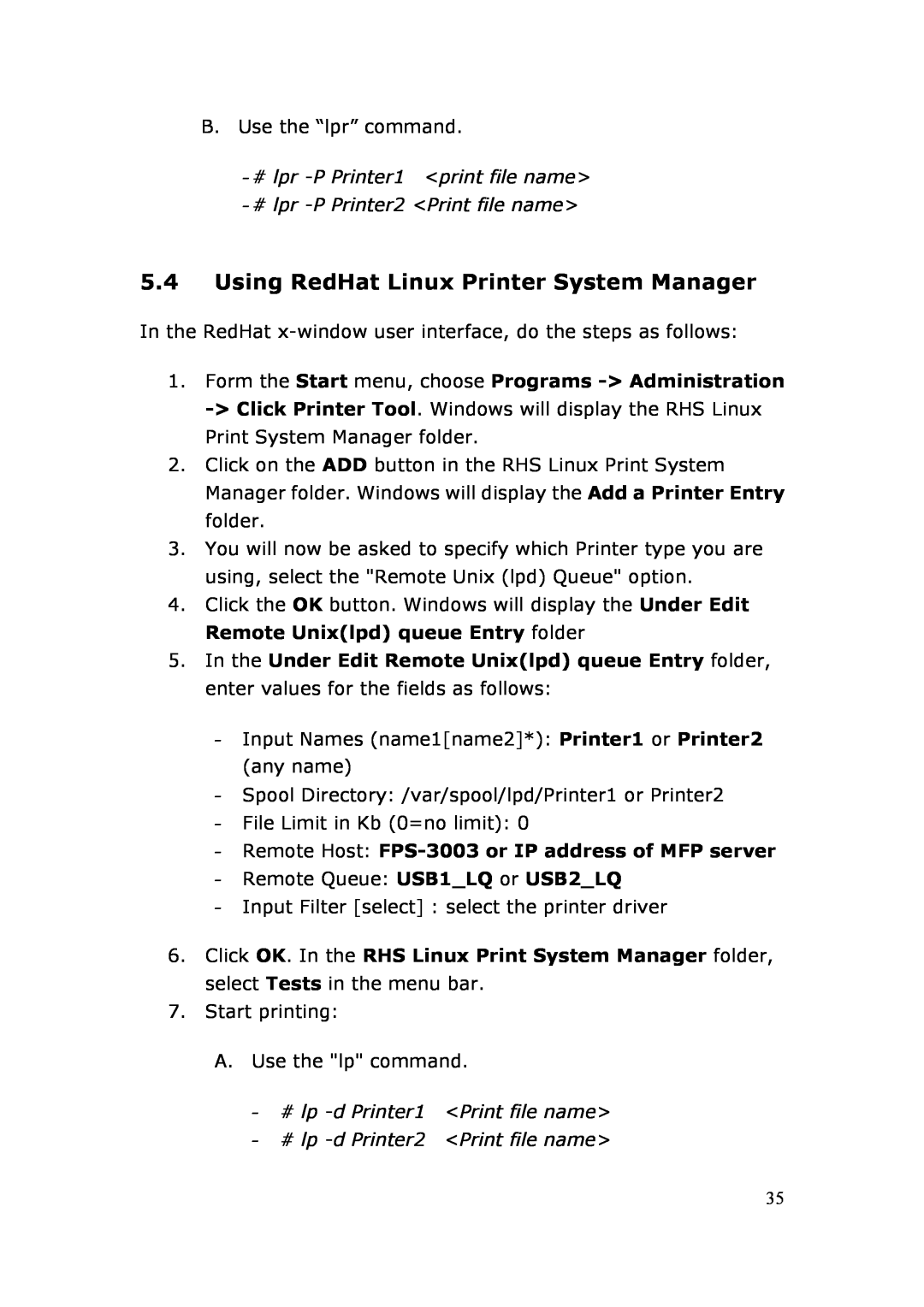 LevelOne user manual Using RedHat Linux Printer System Manager, Remote Host FPS-3003 or IP address of MFP server 