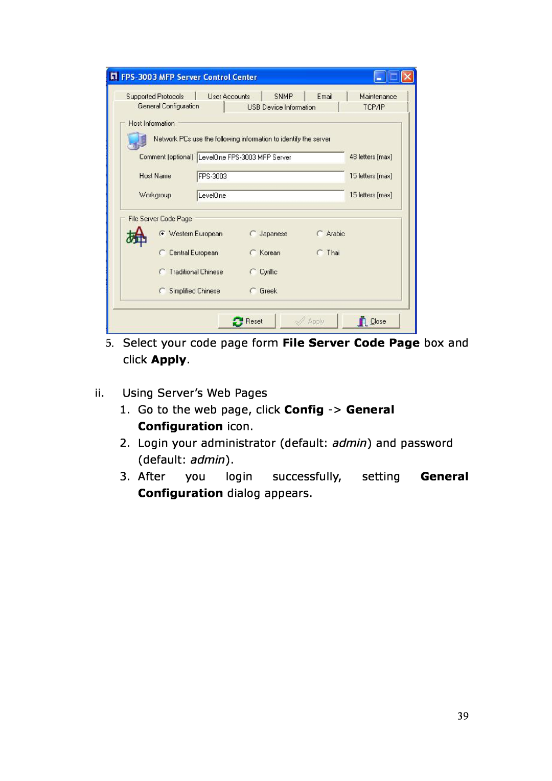 LevelOne FPS-3003 user manual ii. Using Server’s Web Pages, Go to the web page, click Config - General Configuration icon 