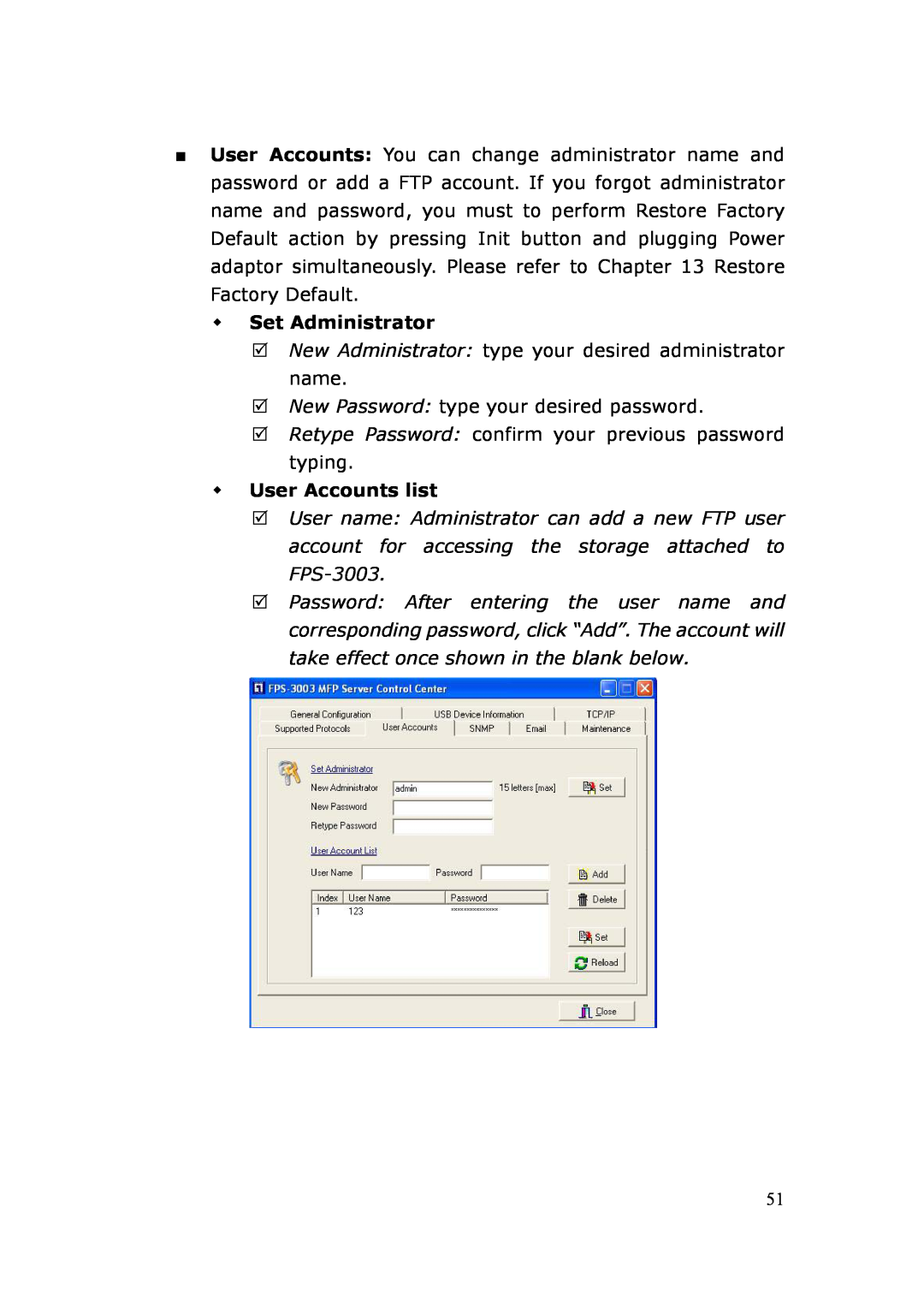 LevelOne FPS-3003 user manual Set Administrator, User Accounts list 