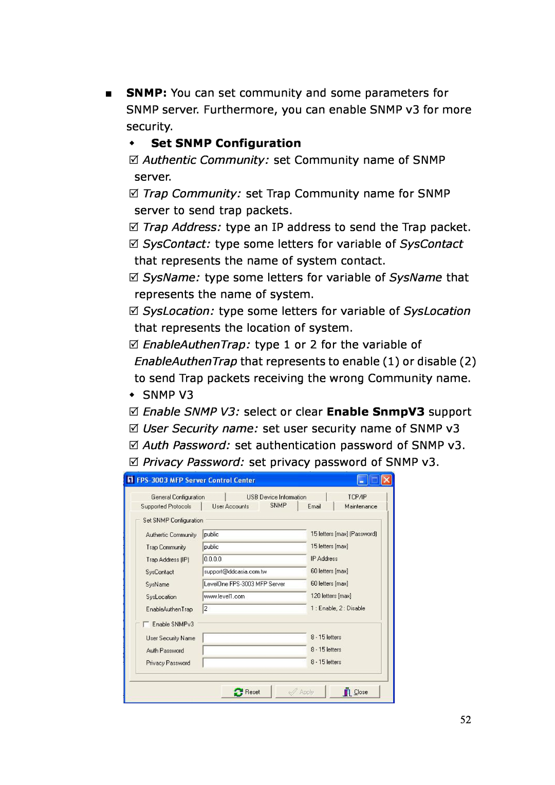 LevelOne FPS-3003 user manual Set SNMP Configuration 
