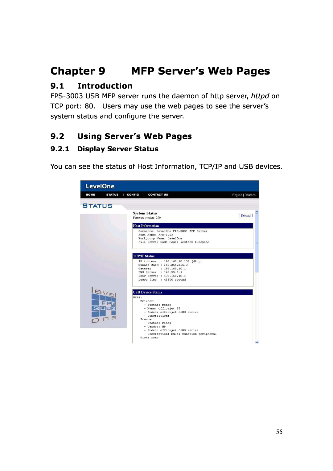 LevelOne FPS-3003 user manual MFP Server’s Web Pages, Introduction, Using Server’s Web Pages, Display Server Status 