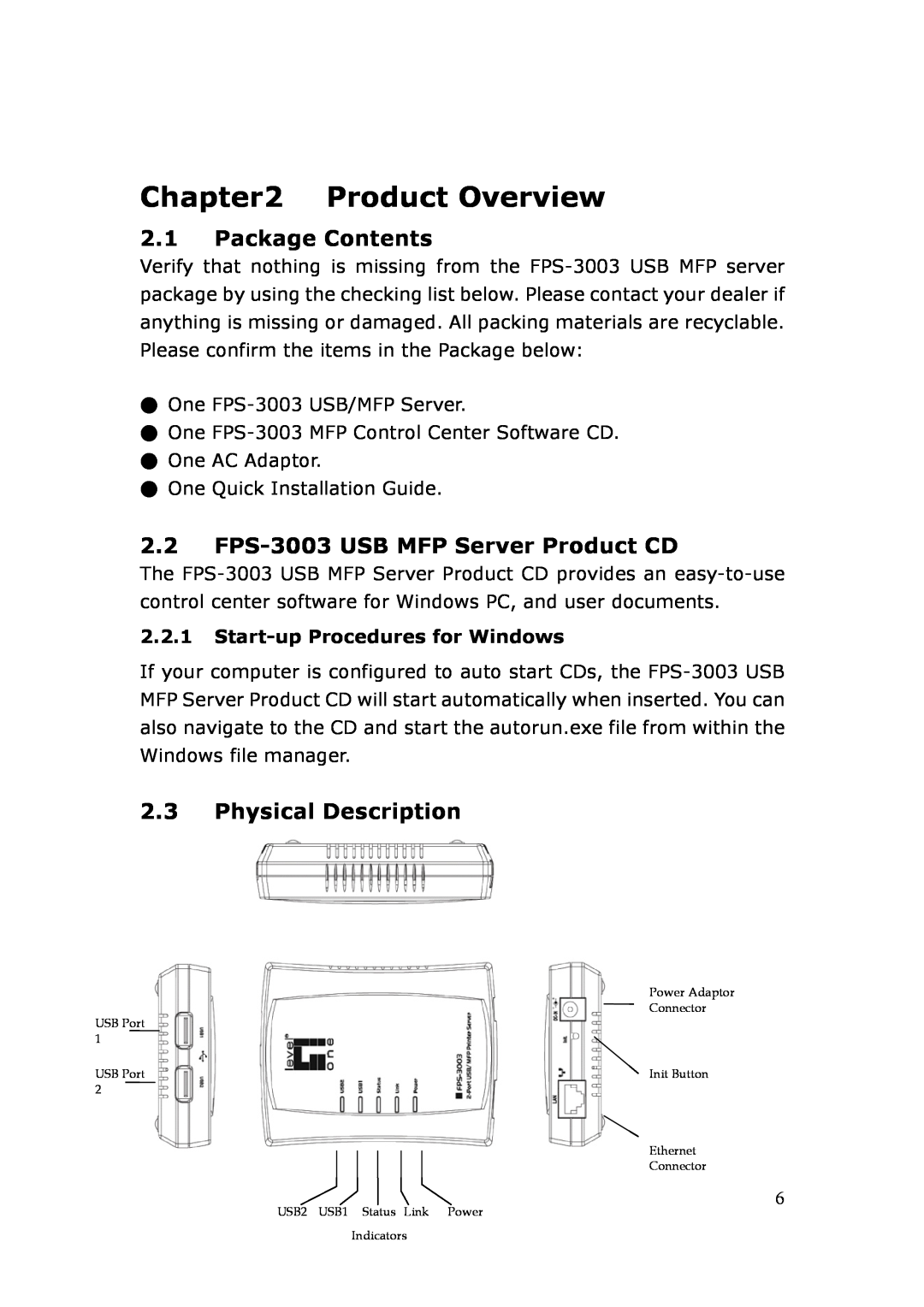 LevelOne user manual Product Overview, Package Contents, FPS-3003 USB MFP Server Product CD, Physical Description 