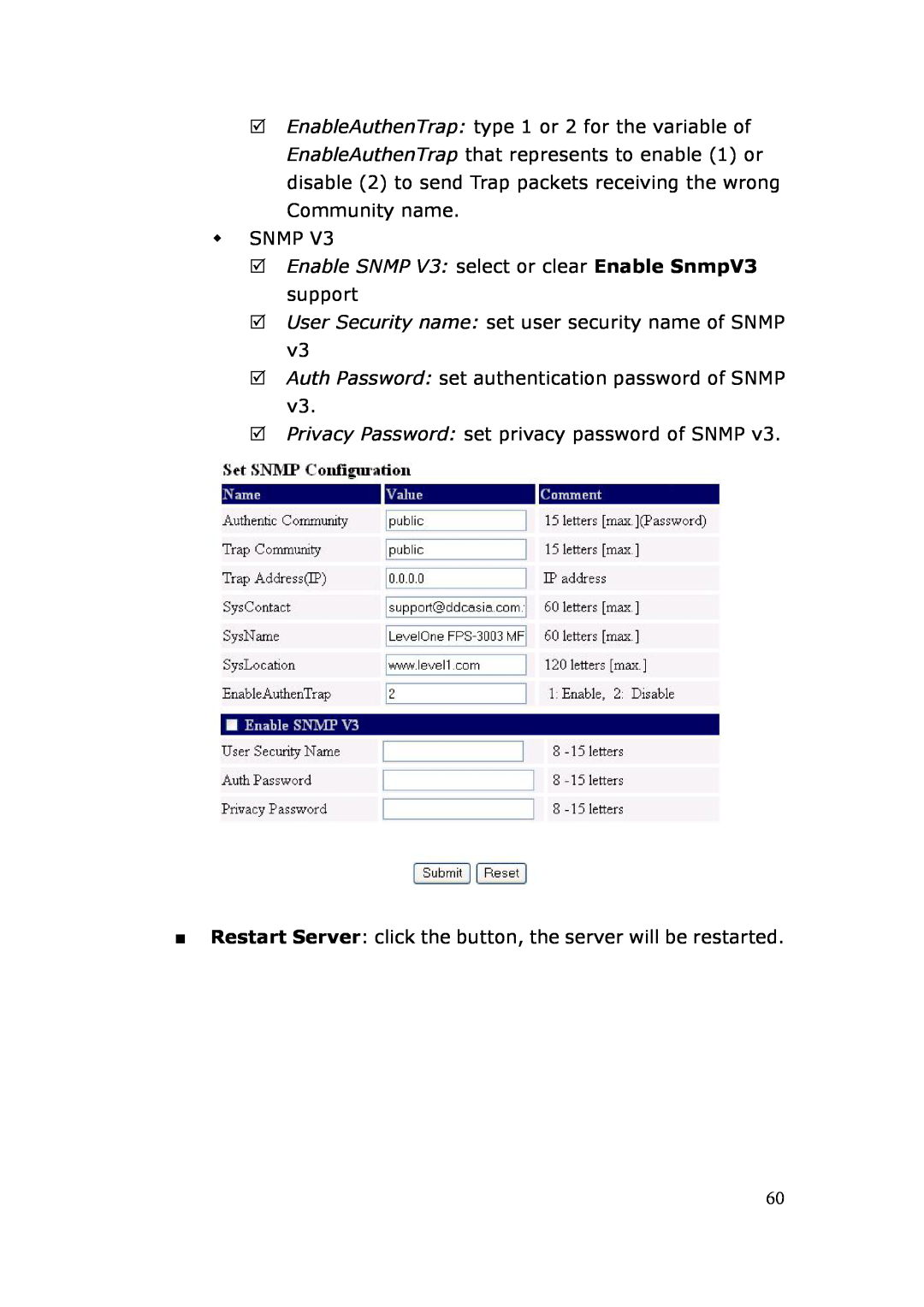 LevelOne FPS-3003 user manual Enable SNMP V3 select or clear Enable SnmpV3 support 