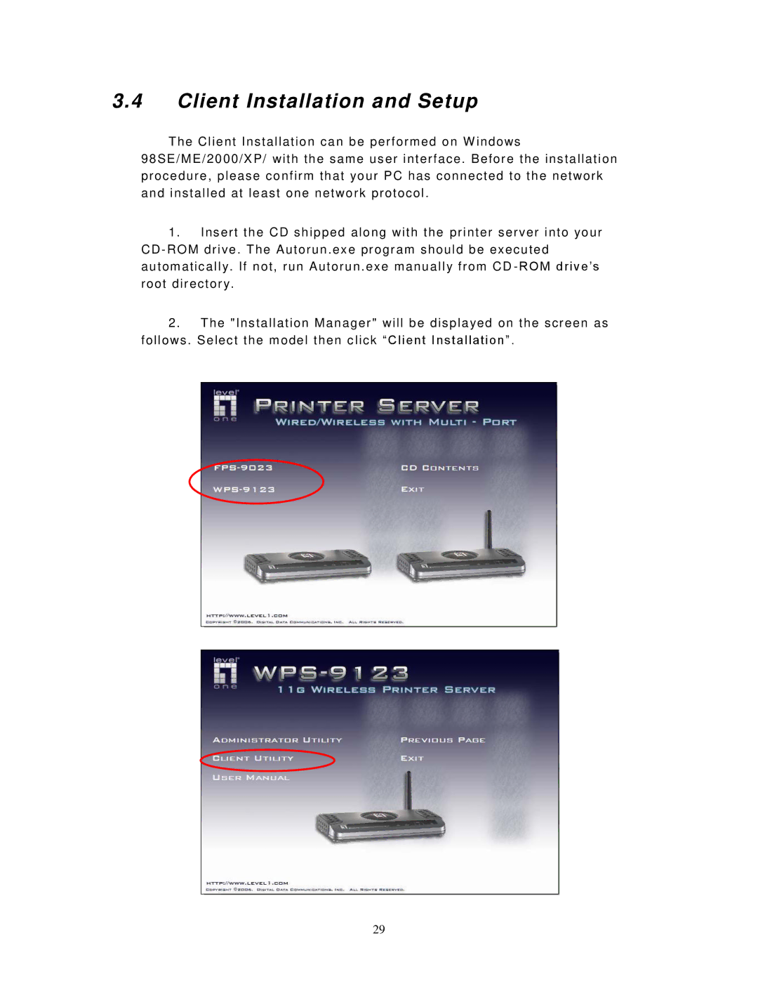 LevelOne WPS-9123, FPS-9023 user manual Client Installation and Setup 