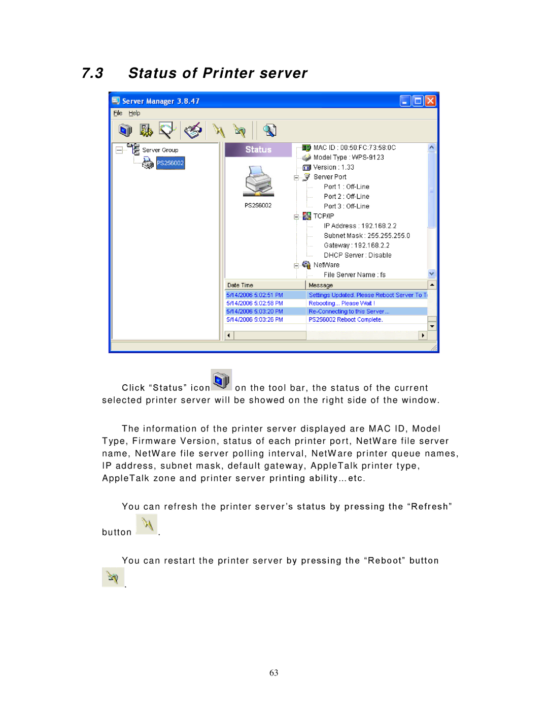 LevelOne WPS-9123, FPS-9023 user manual Status of Printer server 