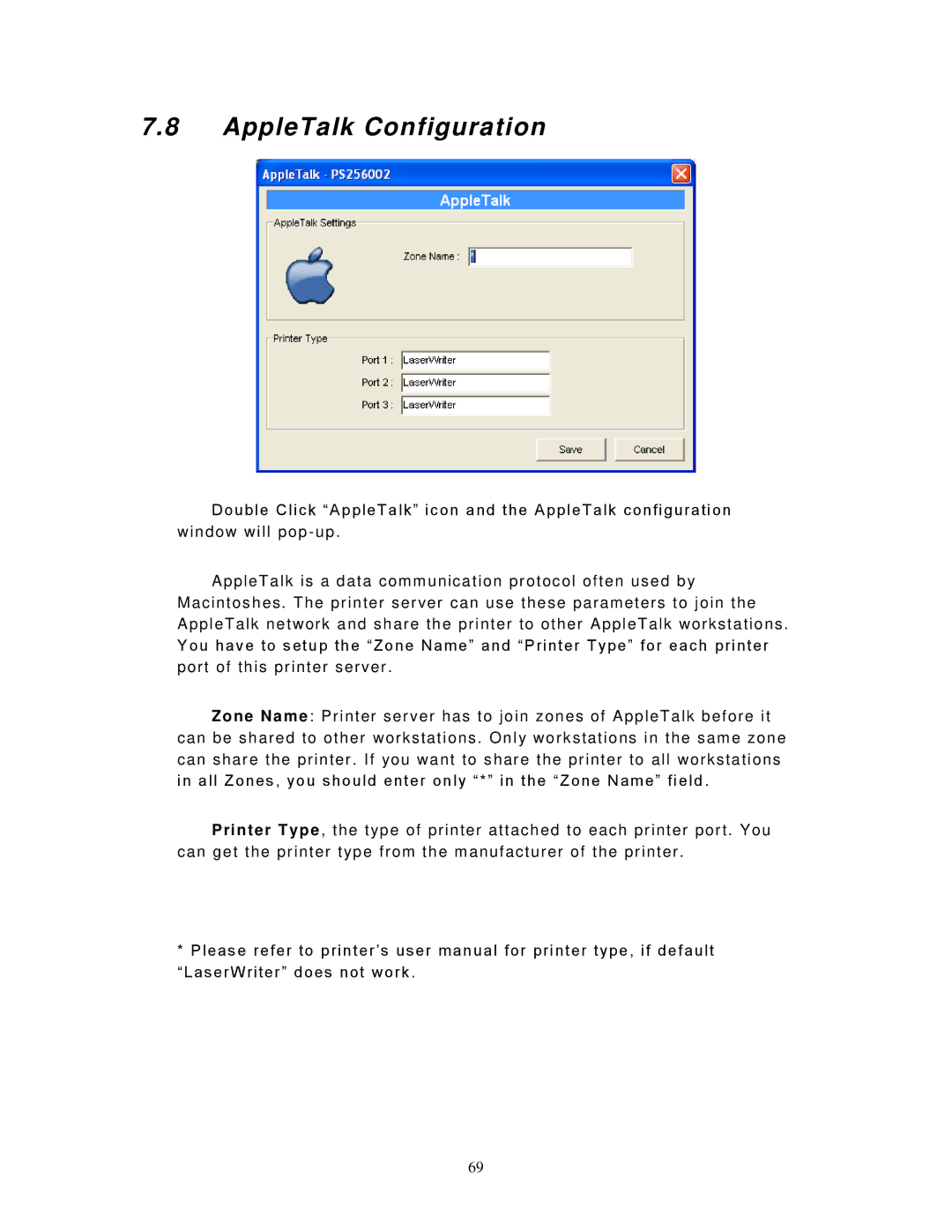 LevelOne WPS-9123, FPS-9023 user manual AppleTalk Configuration 