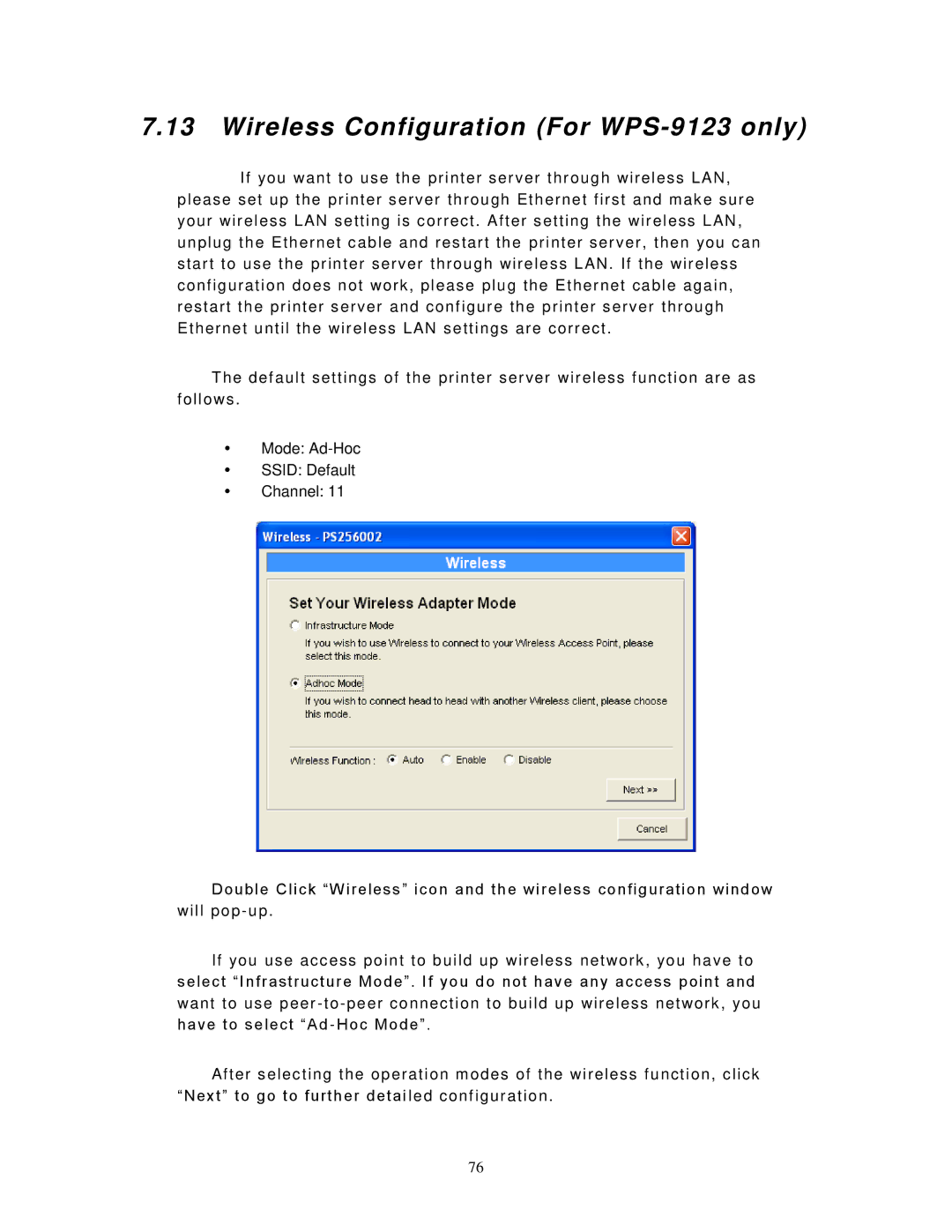 LevelOne FPS-9023 user manual Wireless Configuration For WPS-9123 only 