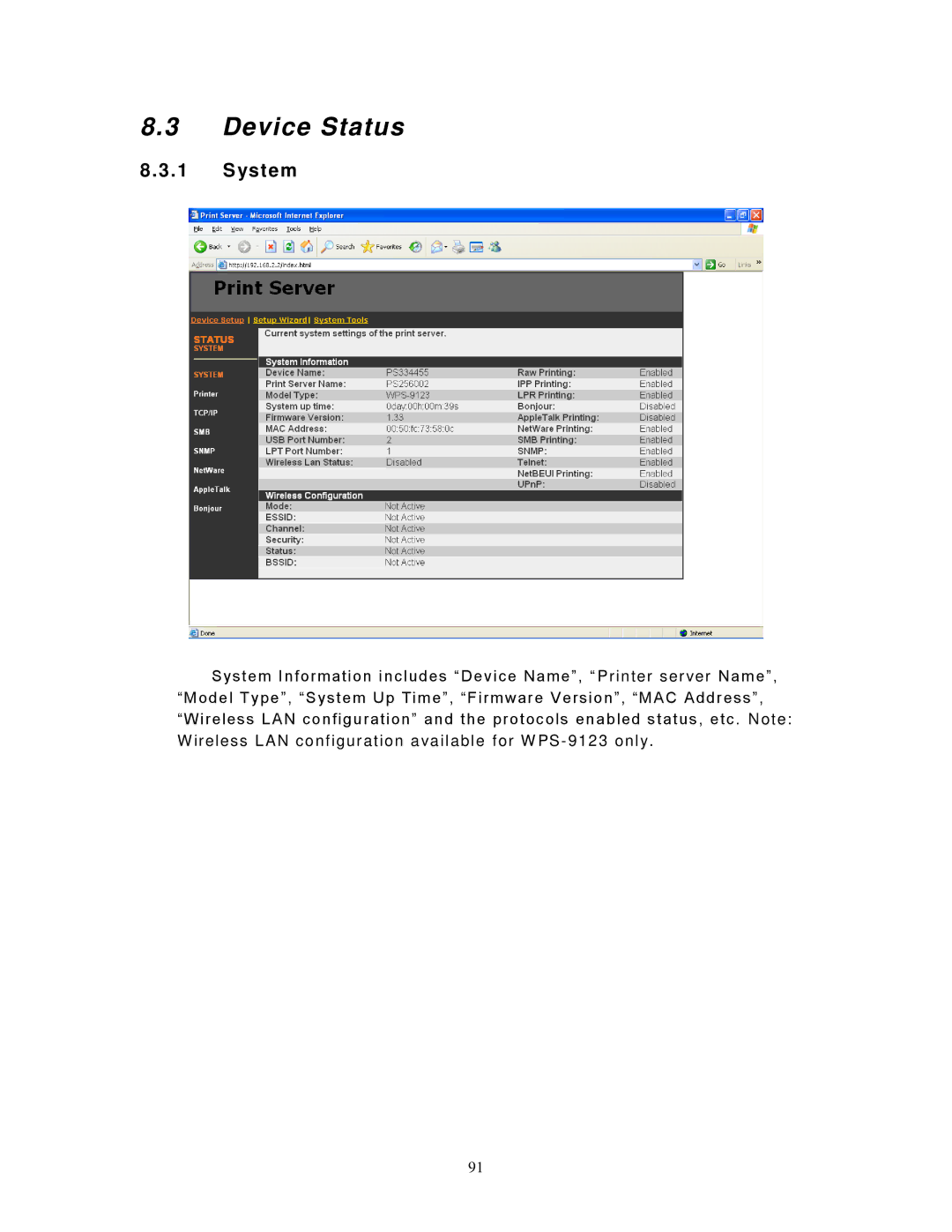 LevelOne WPS-9123, FPS-9023 user manual Device Status, System 