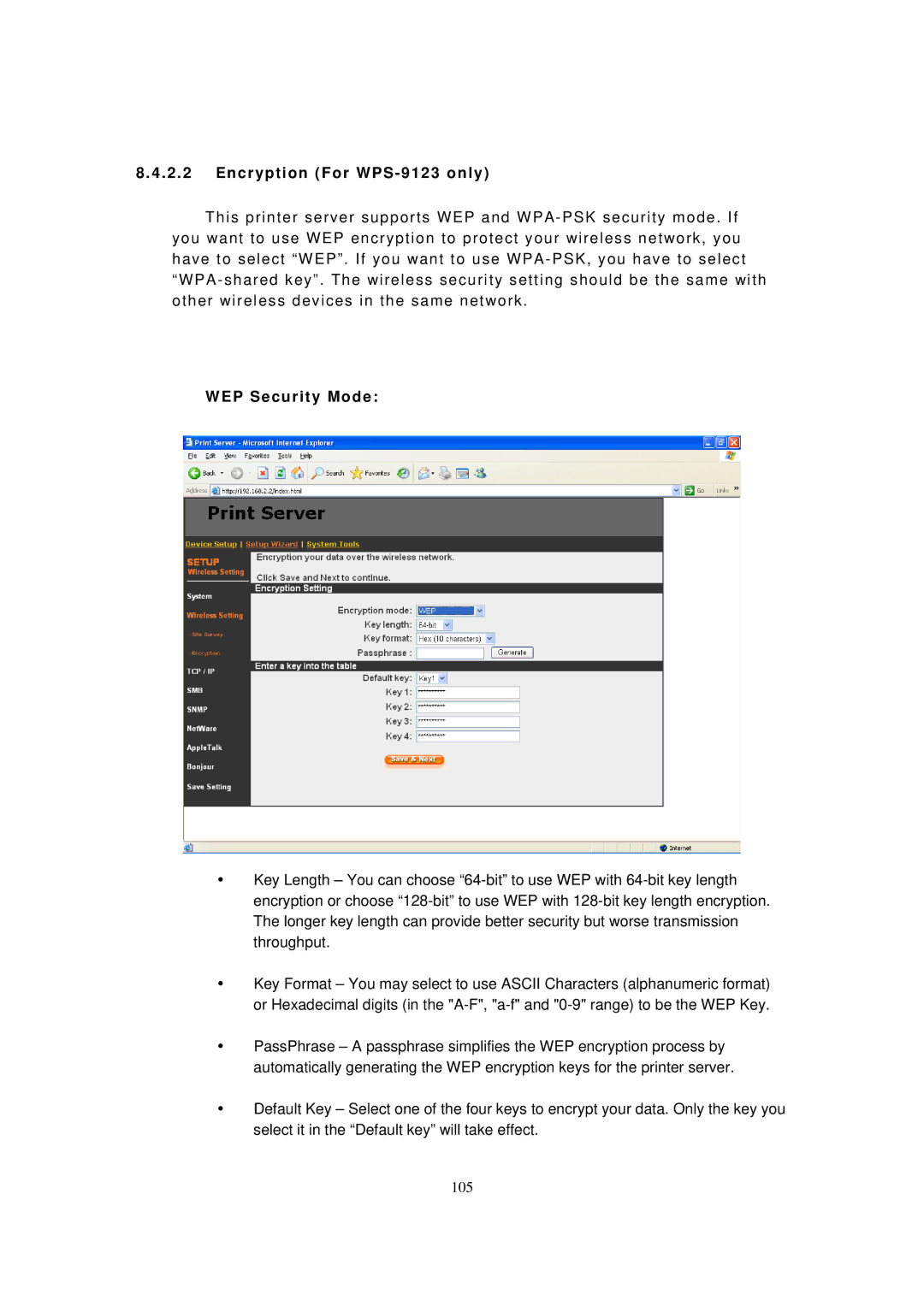 LevelOne FPS-9023 user manual Encryption For WPS-9123 only, WEP Security Mode 