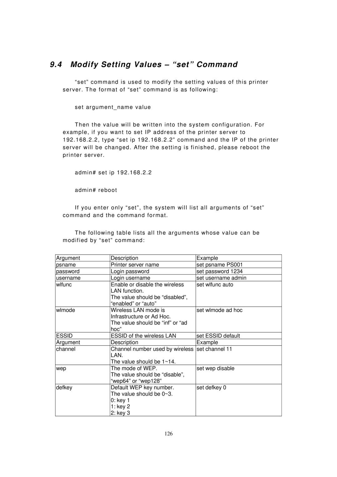 LevelOne FPS-9023, WPS-9123 user manual Modify Setting Values set Command 